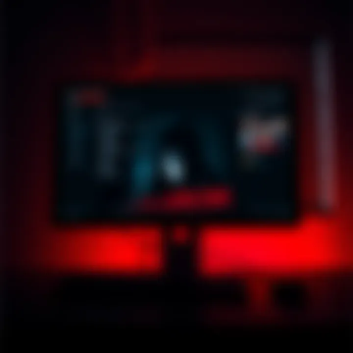 A computer screen showing a live feed of a girl in distress, surrounded by ominous shadows and a dark web theme, indicating danger and urgency.