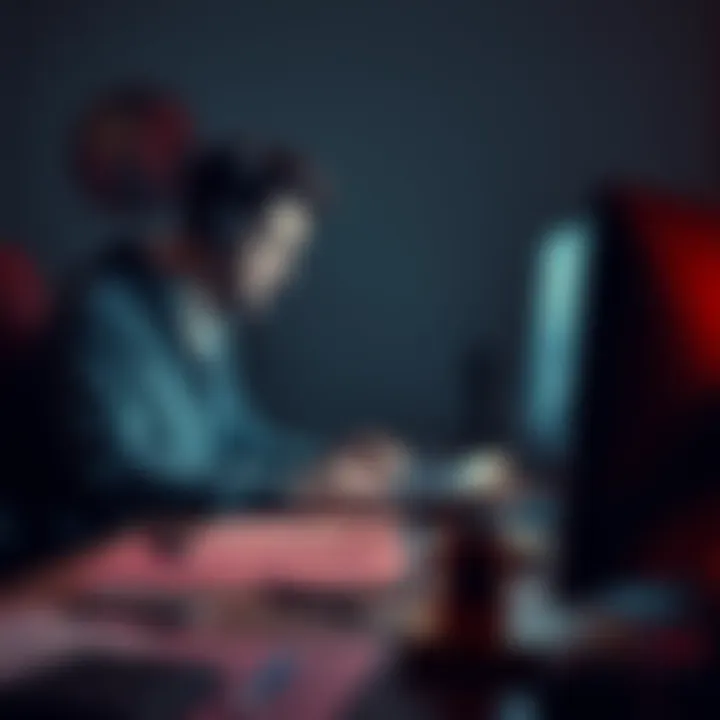 Horror Game Developer at Work A horror game developer sits at their desk, focused on creating eerie game graphics, surrounded by sketches and notes.