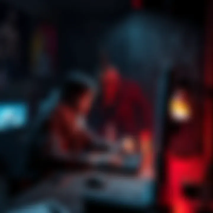 A developer working on a horror game, surrounded by creepy artwork and a dark atmosphere.