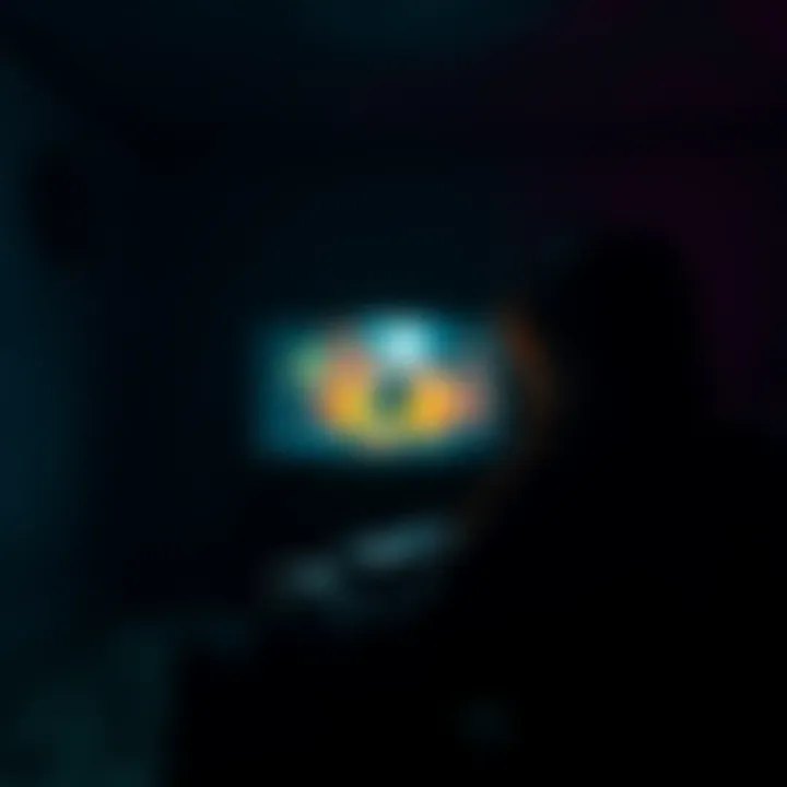 Horror Game Discovery A person plays a horror video game in a dimly lit room, with eerie lighting on the screen showcasing a creepy scene.