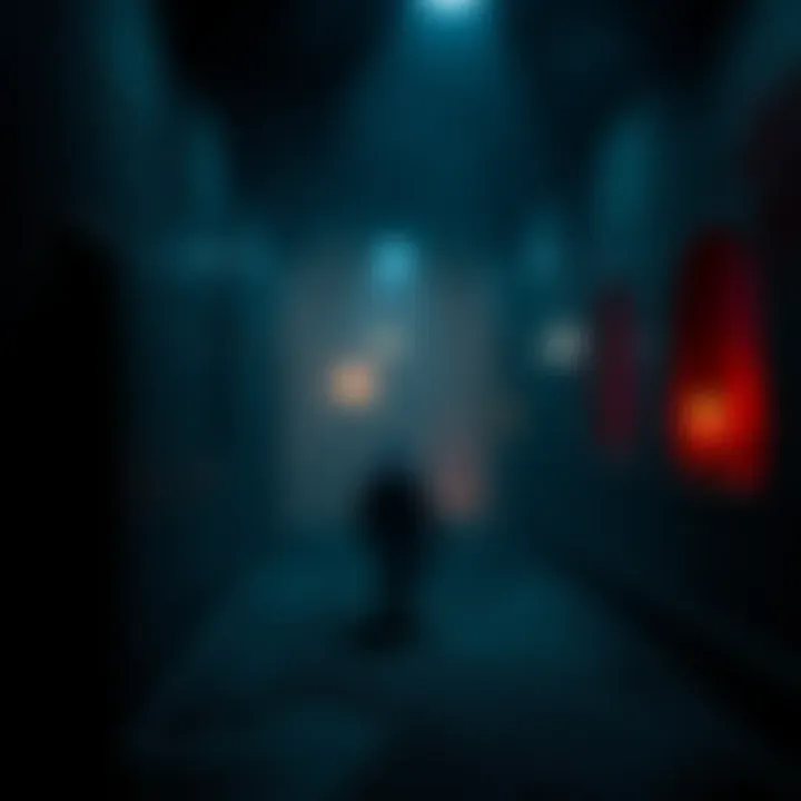 A player navigating a dark, eerie environment in a horror game, with suspenseful visuals and haunting atmosphere.