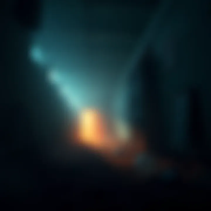 A dark, eerie environment with a character exploring an abandoned building filled with atmospheric tension.