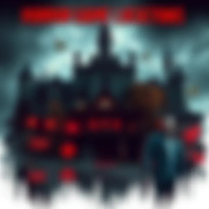 A collage of starting areas from horror games, featuring Spencer Mansion, RPD, downtown RE3, Baker House, and Castle Dimitrescu