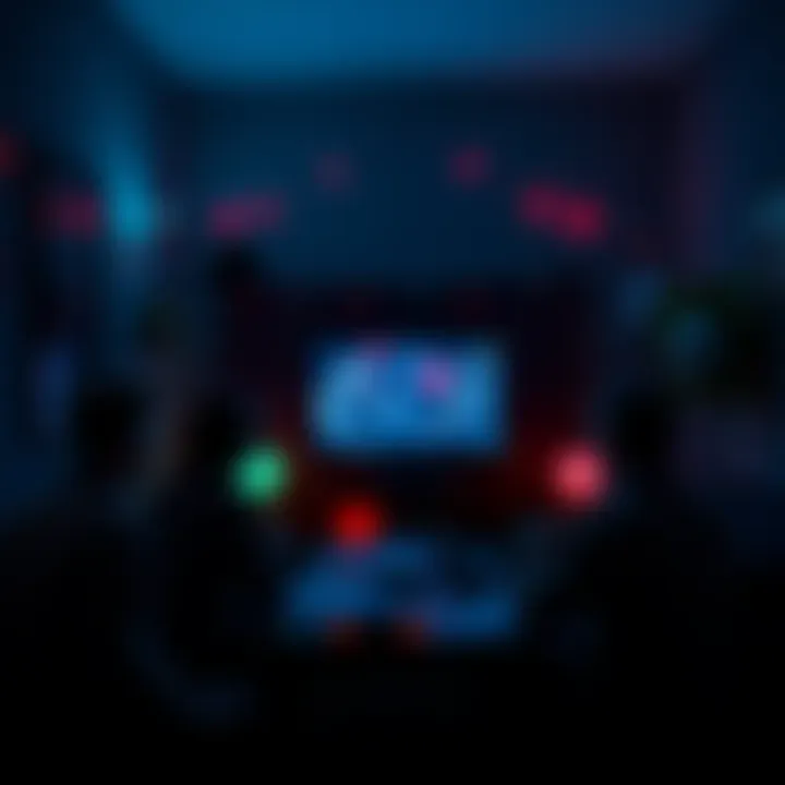 Group of friends playing horror games in a dimly lit room, with eerie decorations and a screen showing a suspenseful game scene.