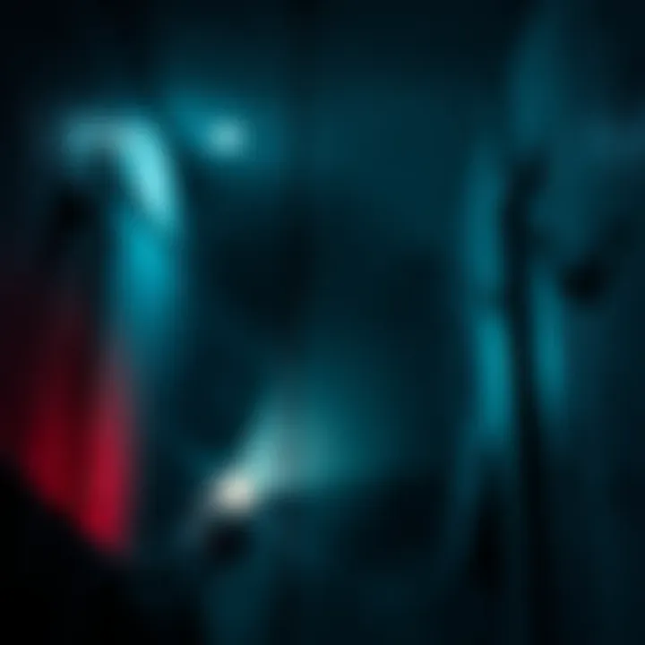A dark, eerie environment with a character holding a flashlight, revealing creepy shadows and unsettling textures.