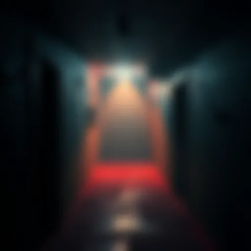 A suspenseful moment in a horror game featuring a dark corridor and eerie lighting