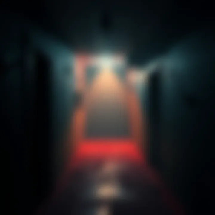 A suspenseful moment in a horror game featuring a dark corridor and eerie lighting