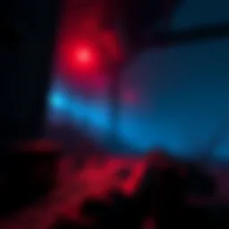 A dark scene from a horror game showing a player surviving a curse with eerie visuals and action elements