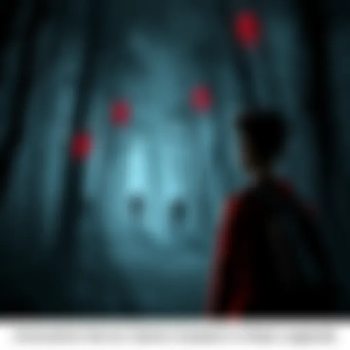 Horror Game Inspired by Urban Legends A dark, eerie forest setting with shadows and mysterious figures representing urban legends, featuring a player character looking apprehensive.