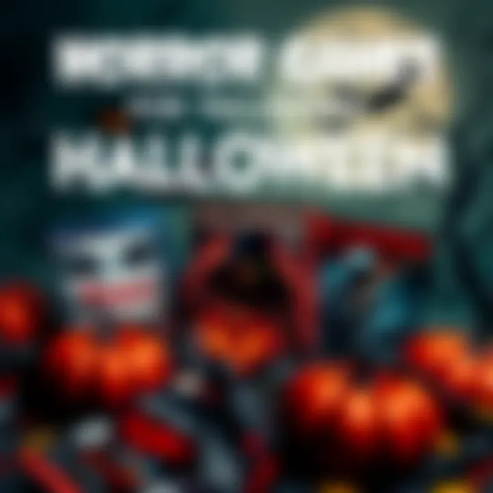 A selection of horror video game covers including Visage, Faith, and Little Nightmares, set against a spooky Halloween background.