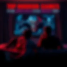 A scene of two friends sitting on a couch, playing a horror video game with a dark, spooky backdrop on the screen, filled with haunting visuals and suspenseful moments