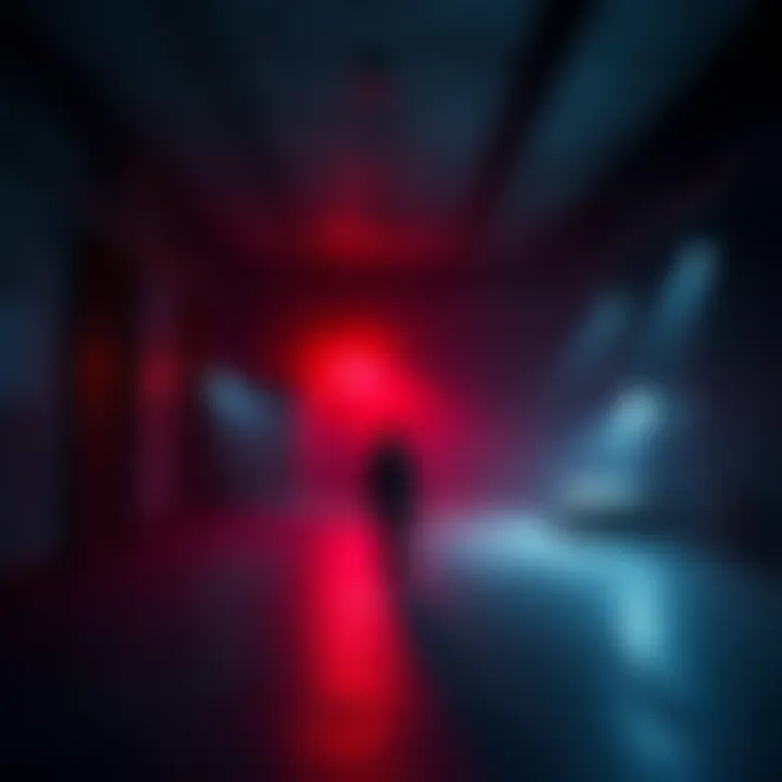 A dimly lit room with eerie visuals and a player exploring the space in a walking simulator horror game.