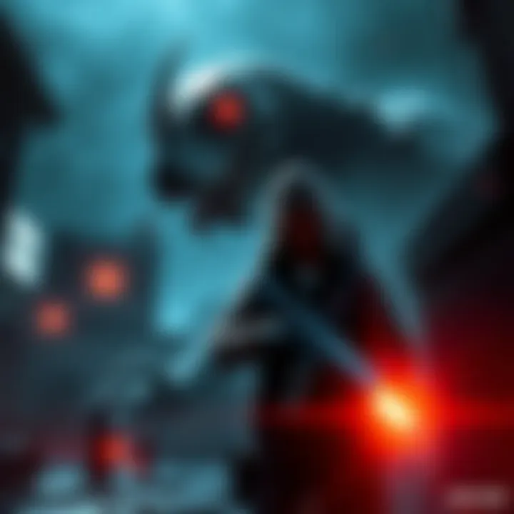 A chilling scene featuring a dark, eerie environment with a monstrous creature lurking in the shadows and a protagonist ready for action.