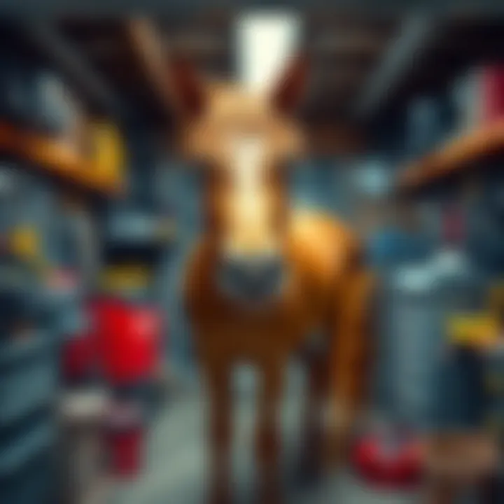 A brown horse standing inside a garage, surrounded by tools and car parts, looking curiously at the camera.