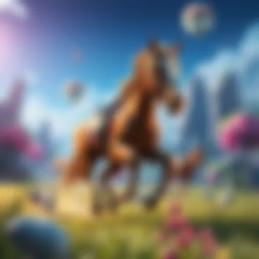 A horse character running in a colorful game world, surrounded by vibrant landscapes and other animals.