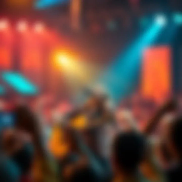 Hoshimachi Suisei performing live at her 8th anniversary acoustic concert, surrounded by a warm atmosphere and fans cheering