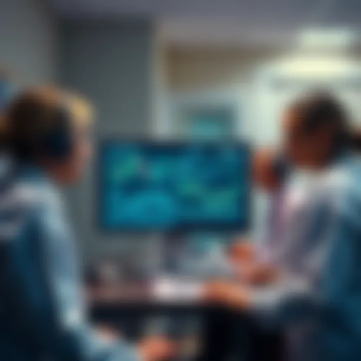 Hospice staff members observing power dynamics on a computer screen in a care facility