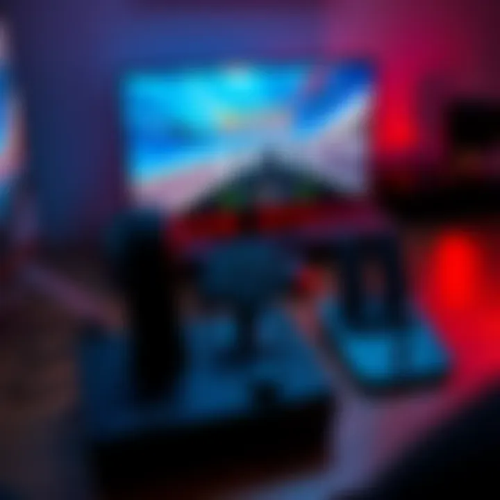 A setup showing a HOTAS joystick and rudder pedals connected to a gaming console, with the game Aces of Thunder displayed on the screen.