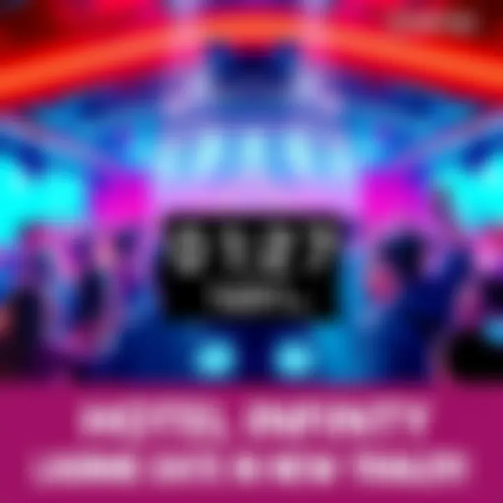A vibrant scene showing excitement around the Hotel Infinity trailer launch with fans reacting positively, highlighting a countdown to the launch date.