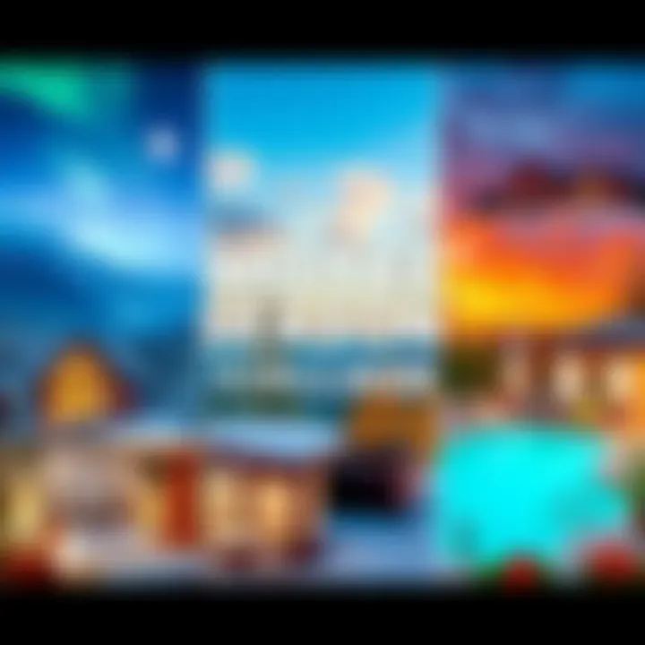 A collage showing different hotel scenes for each season, including summer resorts, winter lodges, and fall getaways.