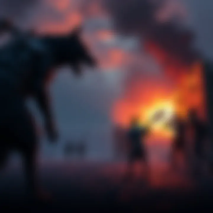 Hound Master Facing Survivors by a Pallet A scene showing Hound Master confronting survivors near a pallet, with one survivor ready to stun him while others wait nearby.