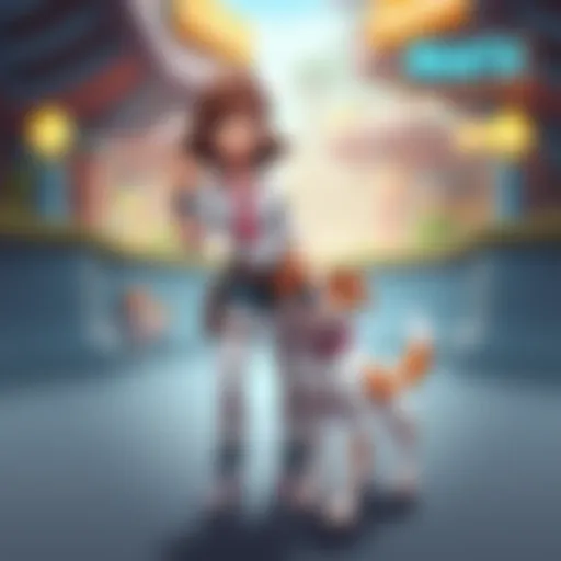 Portia, a game character, stands with her dog in a playful stance, holding an object in her hand. The background shows a stylized game environment.