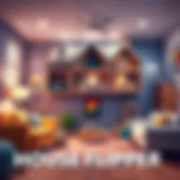 A screenshot of the House Flipper game showing a house renovation scene with tools and furniture