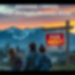 A family looking at a 'For Rent' sign, showing frustration at the high rental prices in a scenic area of the Pacific Northwest.