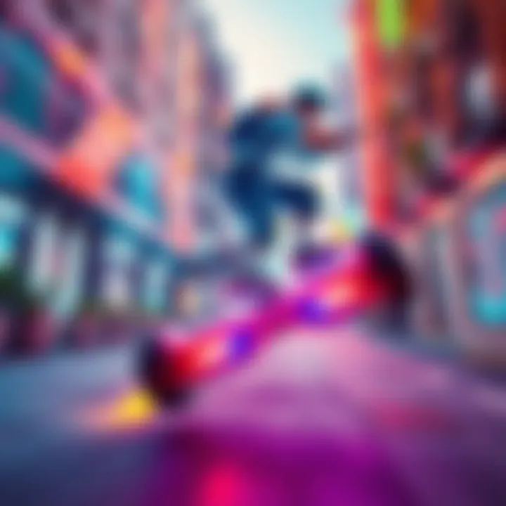 A dynamic hoverboard animation featuring a colorful rider performing tricks in a vibrant urban setting.