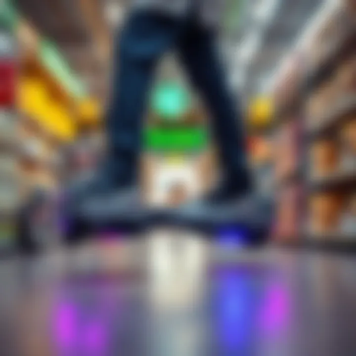 A person riding a hoverboard inside a Homebase store, surrounded by home improvement items.