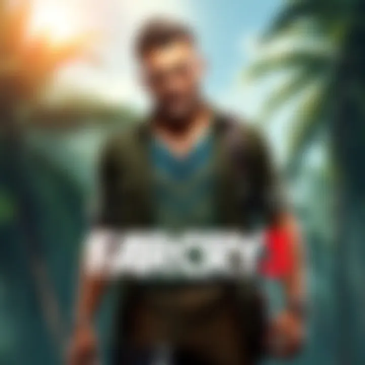 Hoyt Volker stands confidently, showcasing his power in the game with a tropical backdrop, conveying his role as a key figure in the story.