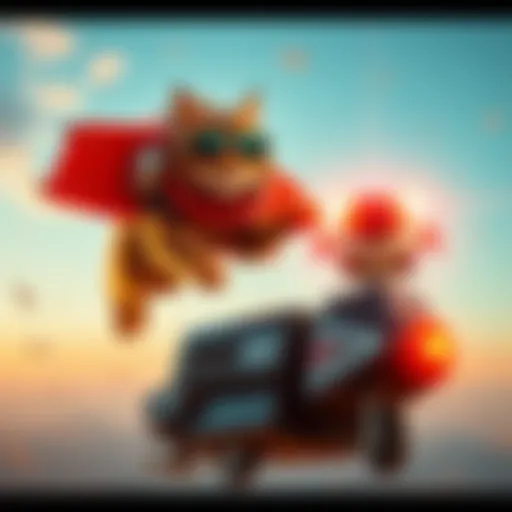 A cat named Cassidy flies through the air with a jet pack, surprising Hozri below. The scene captures the humorous and unexpected moment.