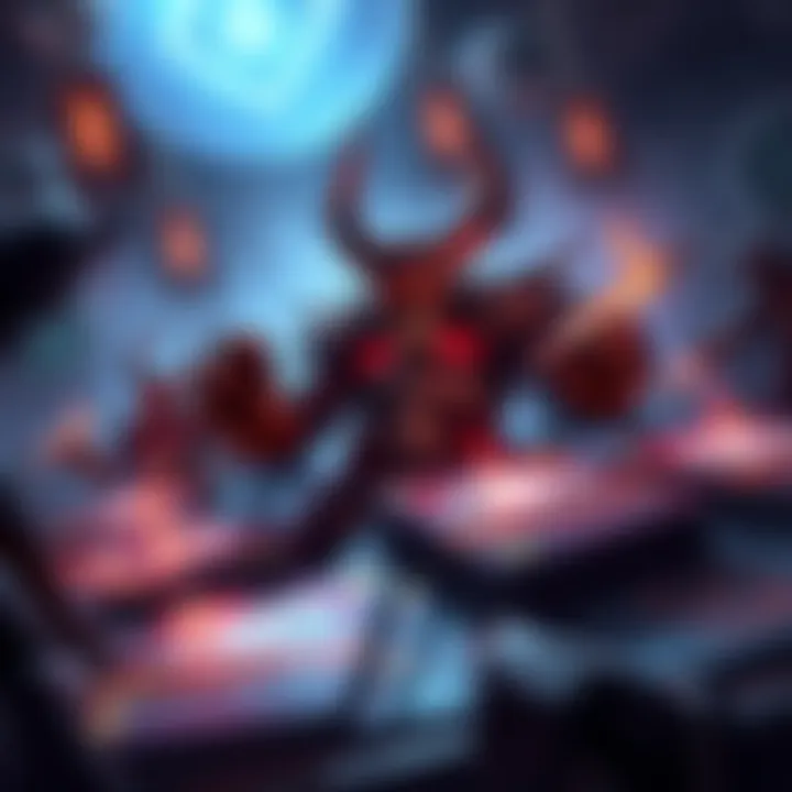 A digital illustration of the Pain Demon Hunter deck with cards laid out, showcasing its strategies and win rates in a gaming environment.