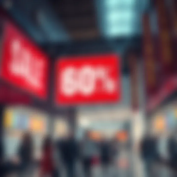 Huge Discount Sale A vibrant storefront with a large sign displaying a 60% off sale, attracting many shoppers