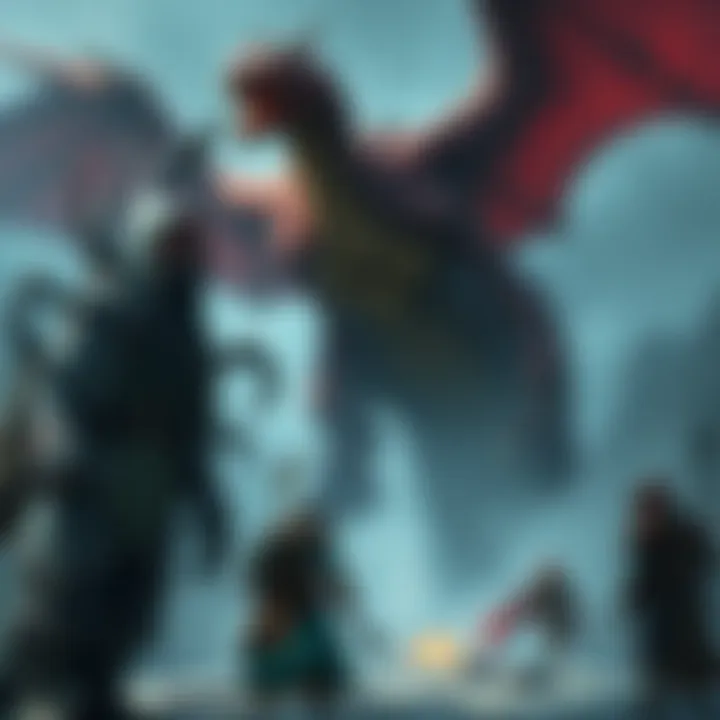 A large dragon and treant towering over a group of adventurers in a DND setting, showcasing the contrast in size and power between them.