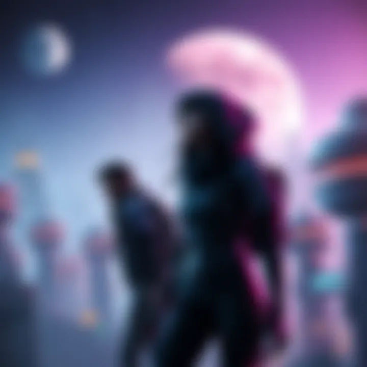 Hugh and Diana explore a futuristic city in space, surrounded by glowing buildings and a lunar backdrop.