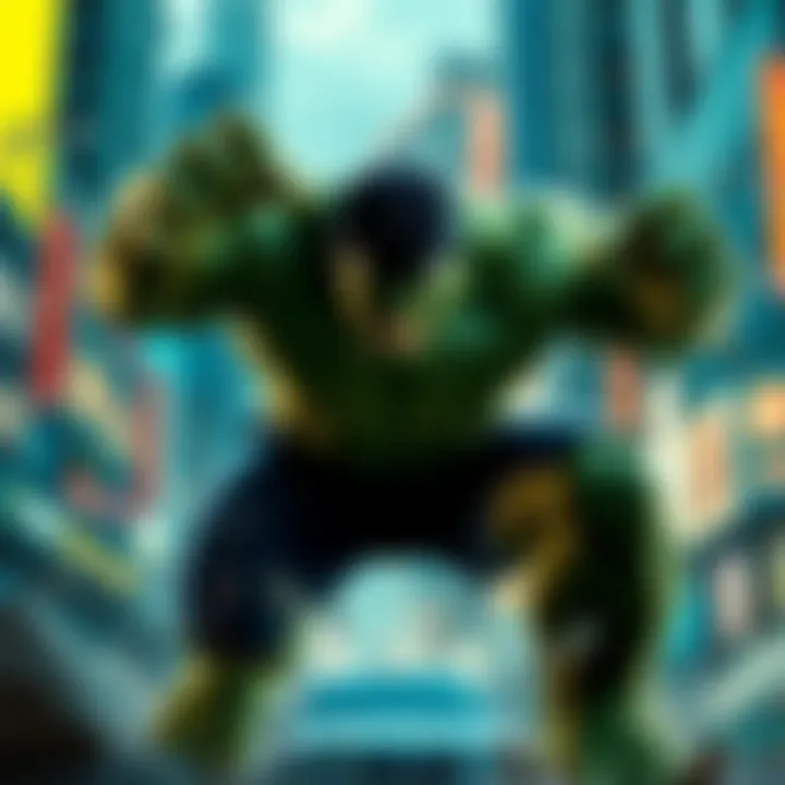 The Hulk smashing through a city environment showcasing his immense strength and power