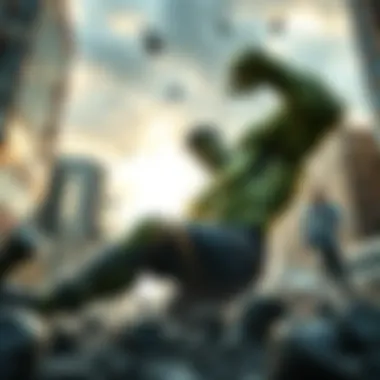 The Hulk smashing through a city street, showcasing his strength and iconic green appearance, surrounded by debris and a dramatic sky.