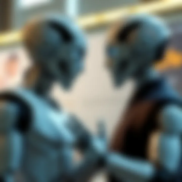 Human-like robot interacting with a person A robot that closely resembles a human is having a conversation with a person, showing realistic gestures and expressions