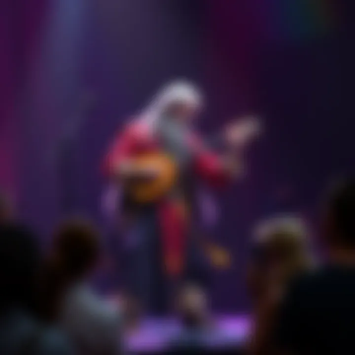 A human bard playing a lute on stage, engaging with an audience, dressed in colorful attire, showcasing charisma and creativity.
