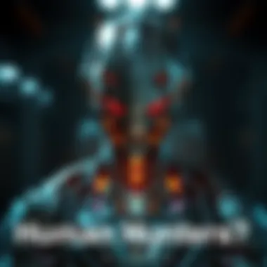 A futuristic robot designed to hunt humans, showcasing metallic features and advanced technology in a dark environment.