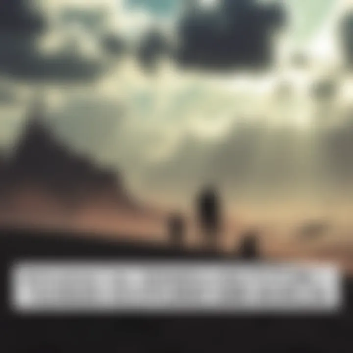 A dystopian landscape showing a human occupied world with shadowy figures representing the Created and Banished forces, ominous clouds in the sky, and signs of conflict.