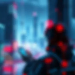A futuristic cityscape with a person interacting with advanced technology, showcasing the blend of human and digital elements.