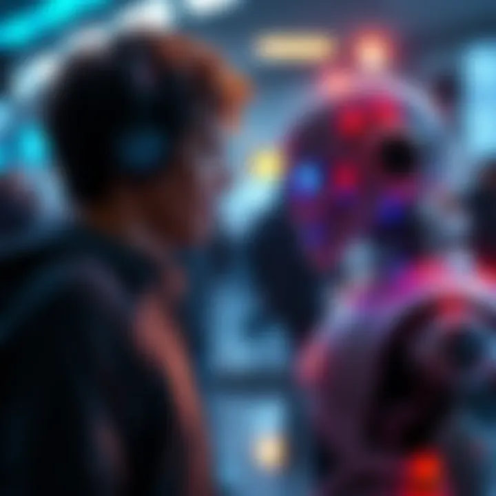 A person engaged in conversation with a robot, showcasing the contrast between human and machine interaction.