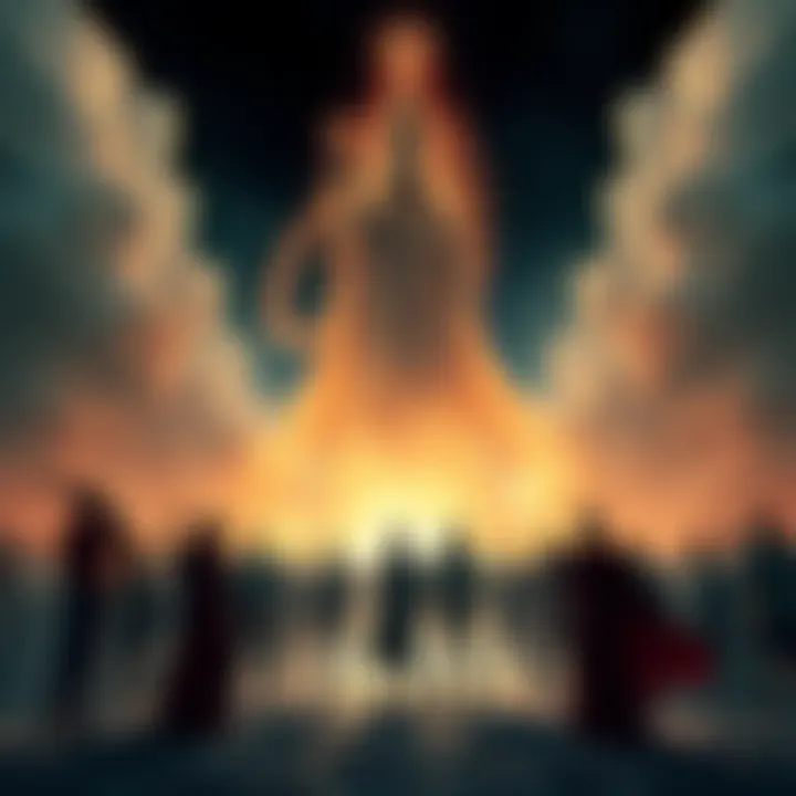 Humanity Confronting the Divine A group of people standing boldly in front of a massive, glowing figure representing a god, symbolizing the challenge to traditional beliefs.