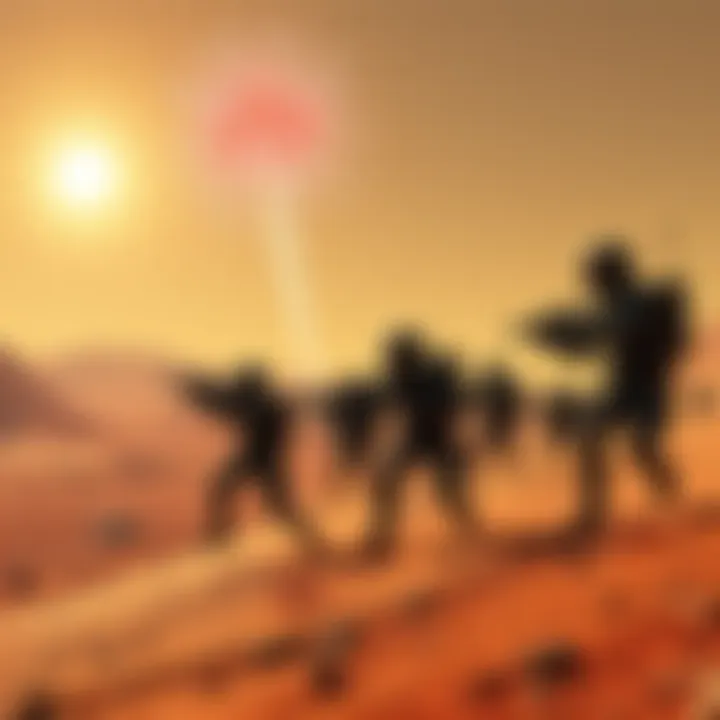 Humanity Battles the Cabal on Mars Human soldiers engage in combat with the Cabal forces on the Martian surface, fireworks lighting the sky above them.