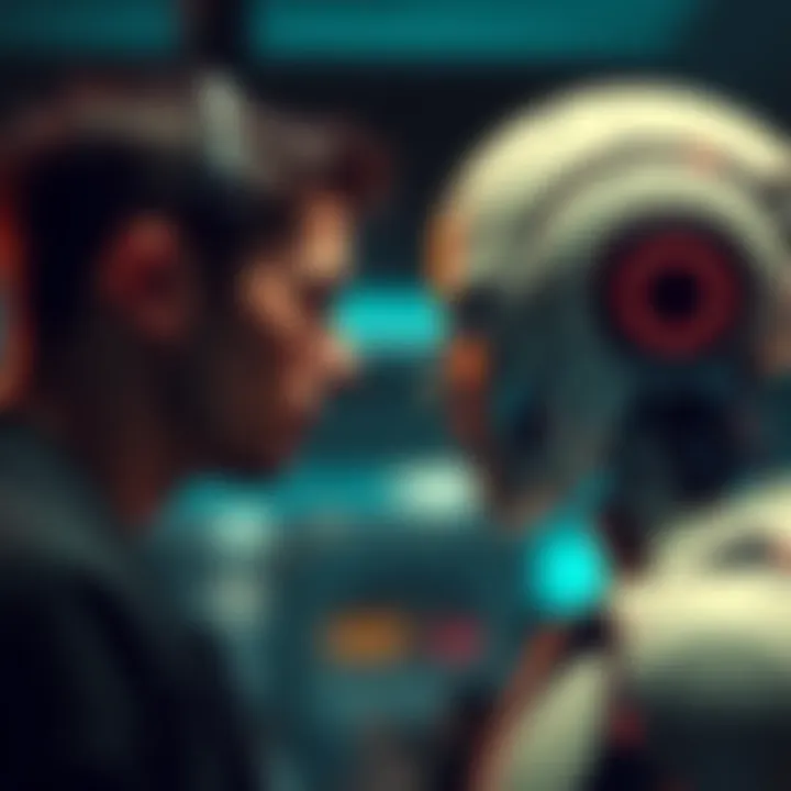 A human and a robot face off in a debate about personal intimacy, highlighting the clash between technology and human connections.