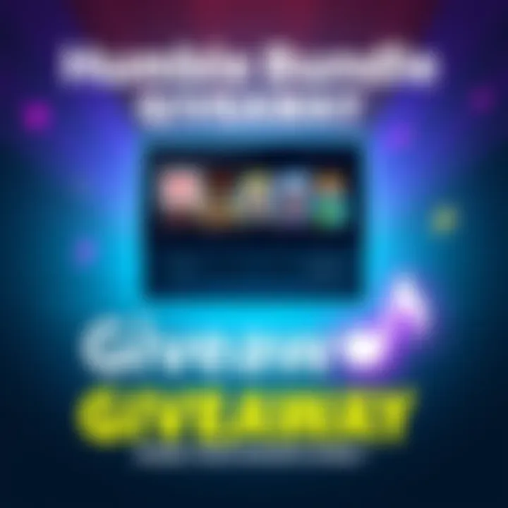 A graphic showing a video game console with game titles and a music note, inviting players to enter the Humble Bundle giveaway by sharing their favorite song.