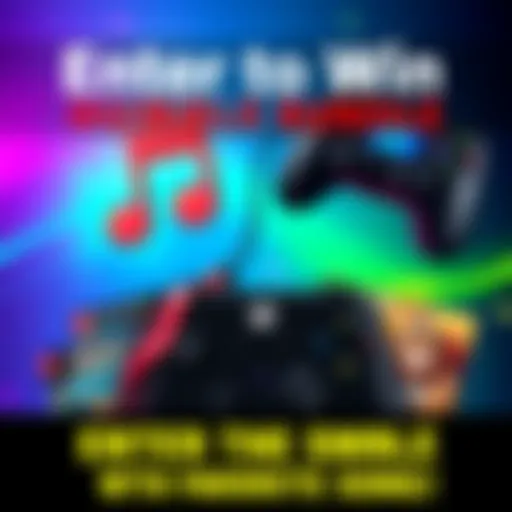 A colorful graphic showing a music note and game controller alongside game titles like Streets of Rage 4, inviting people to comment their favorite song and games for a chance to win.