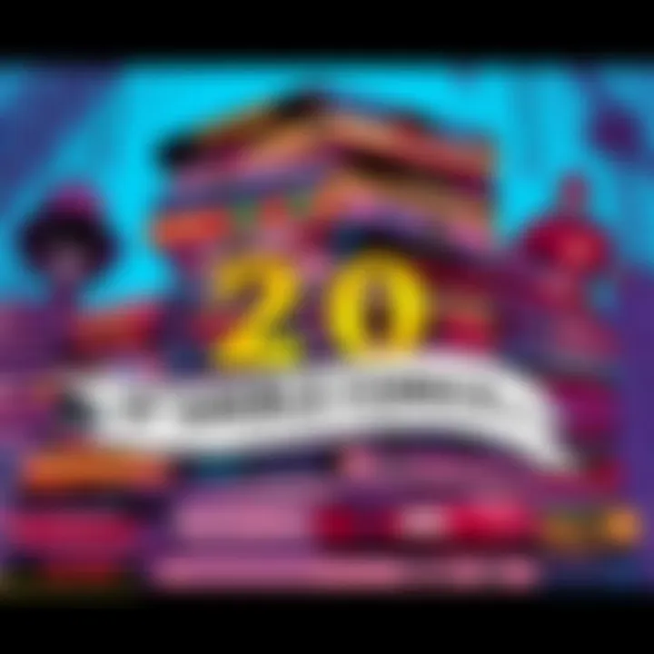 A colorful graphic showcasing a large stack of comic books with a banner celebrating the 20th anniversary of Dynamite Entertainment.